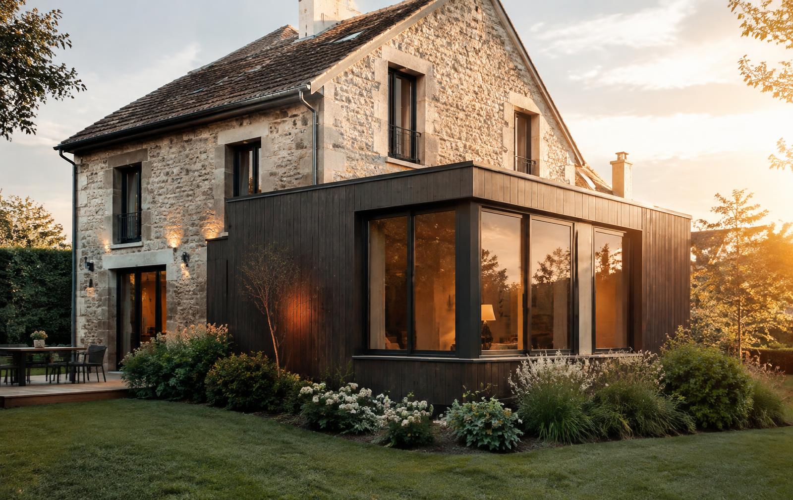 Maison en pierre avec extension contemporaine en bois